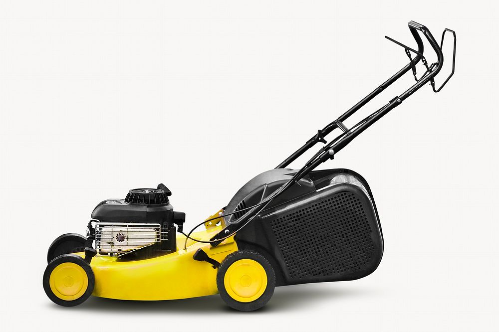 Yellow lawn mower, self-propelled, off white design