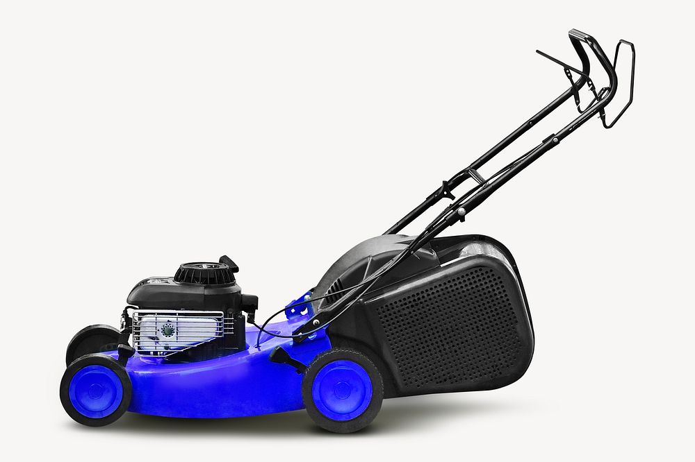 Blue lawn mower collage element, self-propelled design psd