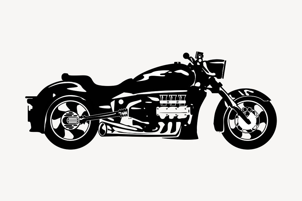 Cruiser motorcycle black & white illustration. Free public domain CC0 image.
