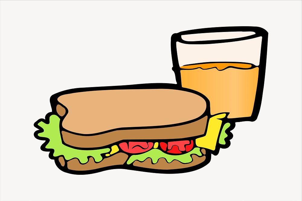 Sandwich and orange juice illustration. Free public domain CC0 image.