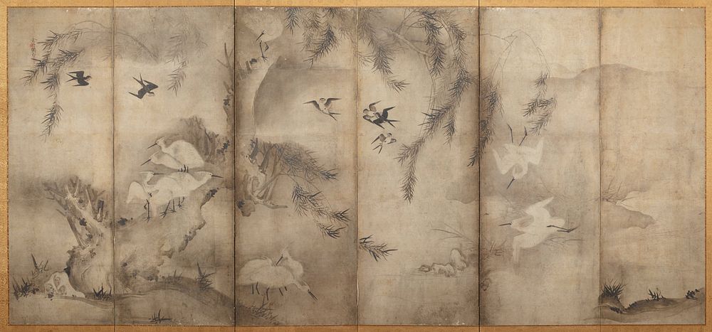 Egrets in Willow [left of the pair Egrets in Plum and Willow]. Original from the Minneapolis Institute of Art.