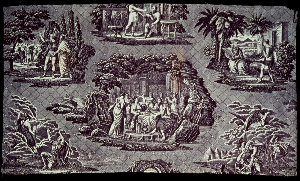 Toile, fragment of mauve medallions, with various scenes, including banquet and battle scenes, from classical story. Hemmed…