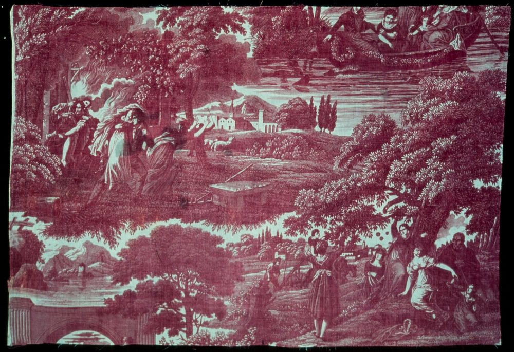 Toile, strip, printed in plum color with scenes of the hunt.. Original from the Minneapolis Institute of Art.