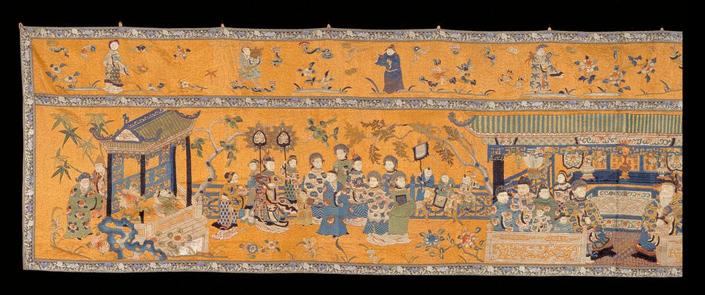 Long valance of solid embroidery with ground of solid gold-colored silk floss. The design represents an aged statesmen and…