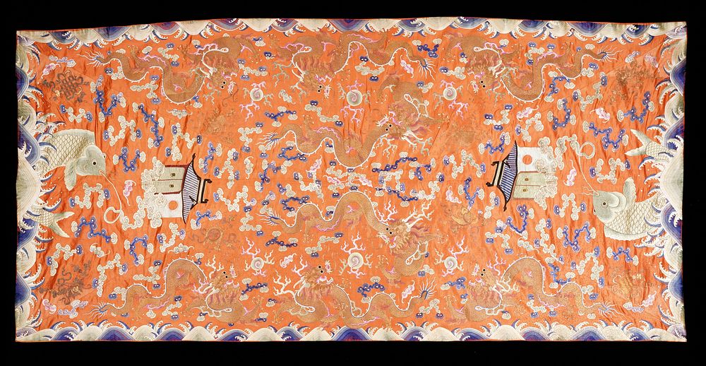 Large Hanging of brick-colored satin embroidered with five-clawed dragons and Buddhist smbols in gold; clouds, bats, and…