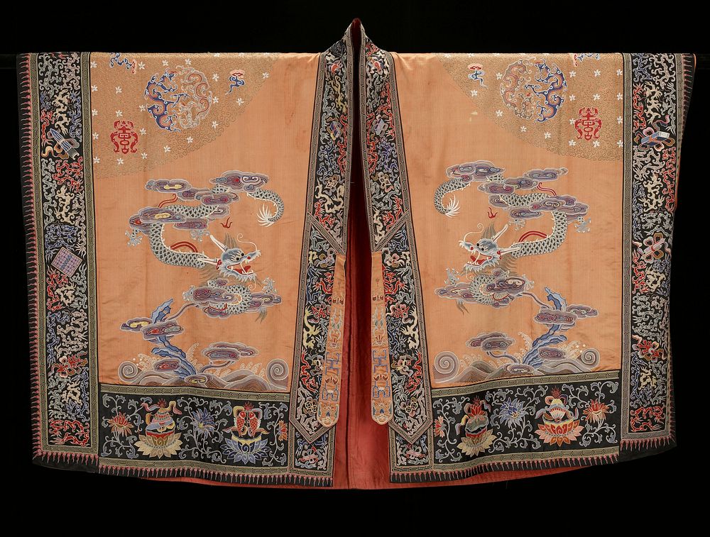 Taoist priest robe of embroidered rust-rose satin. Back and shoulders embroidered with all-over tenders embroidered with all…