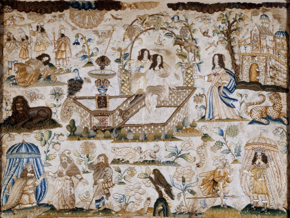 embroidered picture, stumpwork; the panel depicts various biblical scenes in a landscape of flowering shrubs and blossoms in…