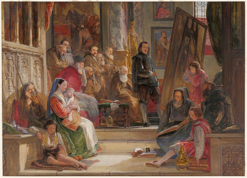 many figures in chuch watching a painter paint a woman holding a child. Original from the Minneapolis Institute of Art.