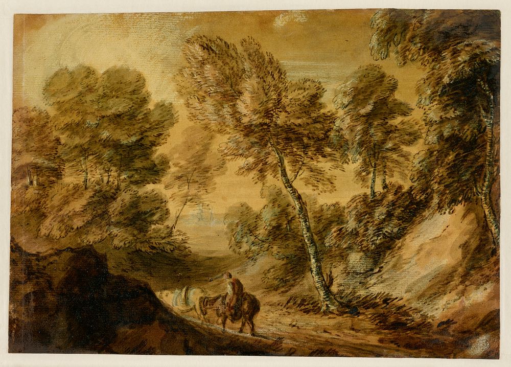landscape with horse with rider at bottom center. Original from the Minneapolis Institute of Art.