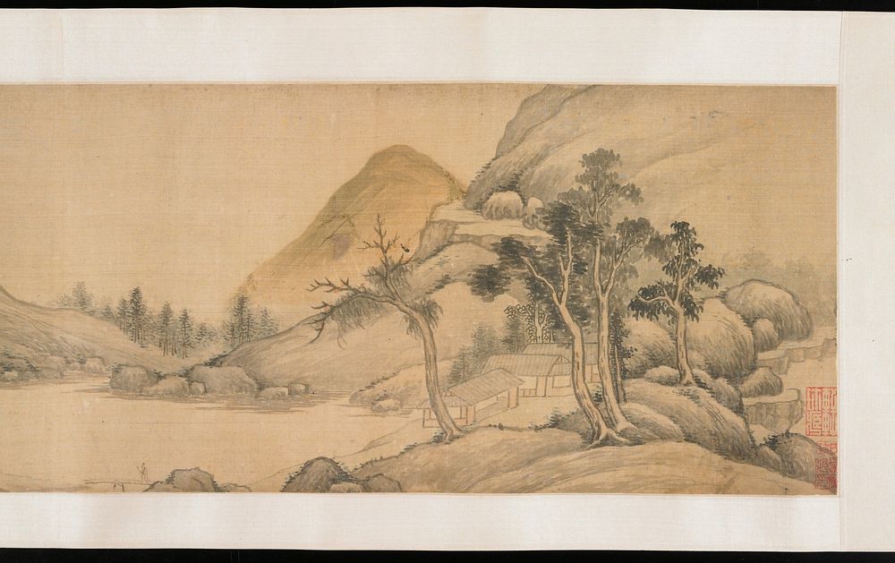 Continuous landscape in mountains with river; buildings, small figures and flowering trees throughout; several boats on…