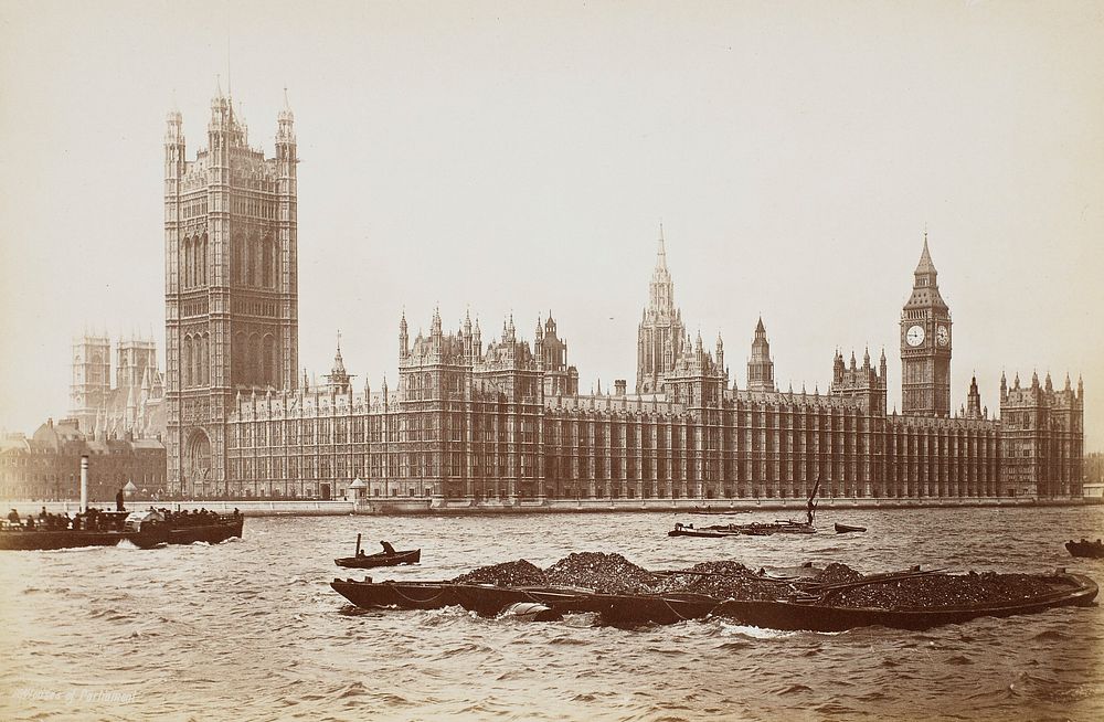 Houses of Parliament; coal barge in foreground, paddlewheel ferry on left in river. Original from the Minneapolis Institute…