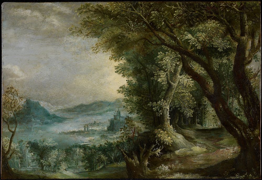 landscape with mountains and city on the water at Left, trees at Right; Madonna and Child, donkey and three other figures in…