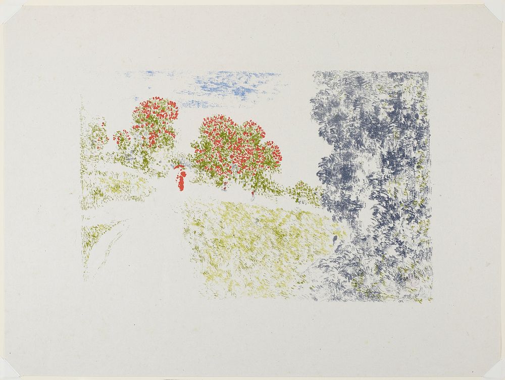 sketchy image in red, green and purple; sketchy figure in red at L center; purple and green foliage at R; trees with red…