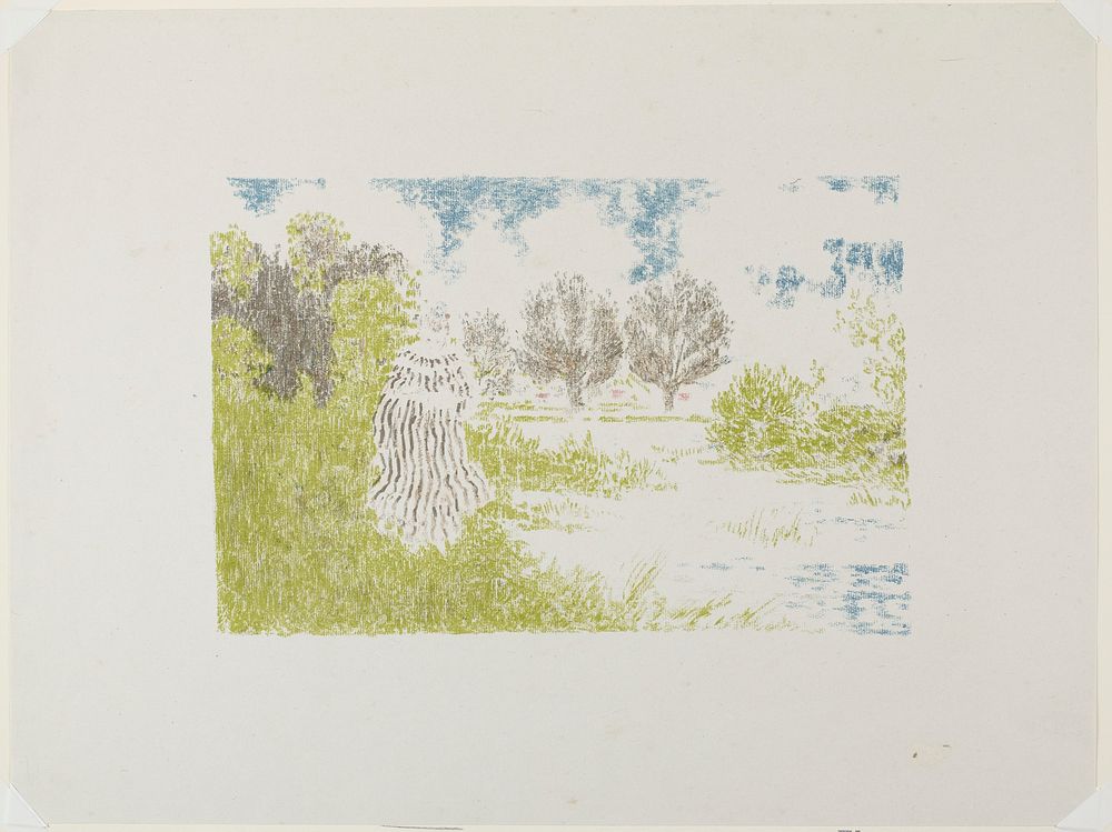 sketchy image of woman in a brown and white striped dress on a grassy bank; water at R; three trees in center background;…