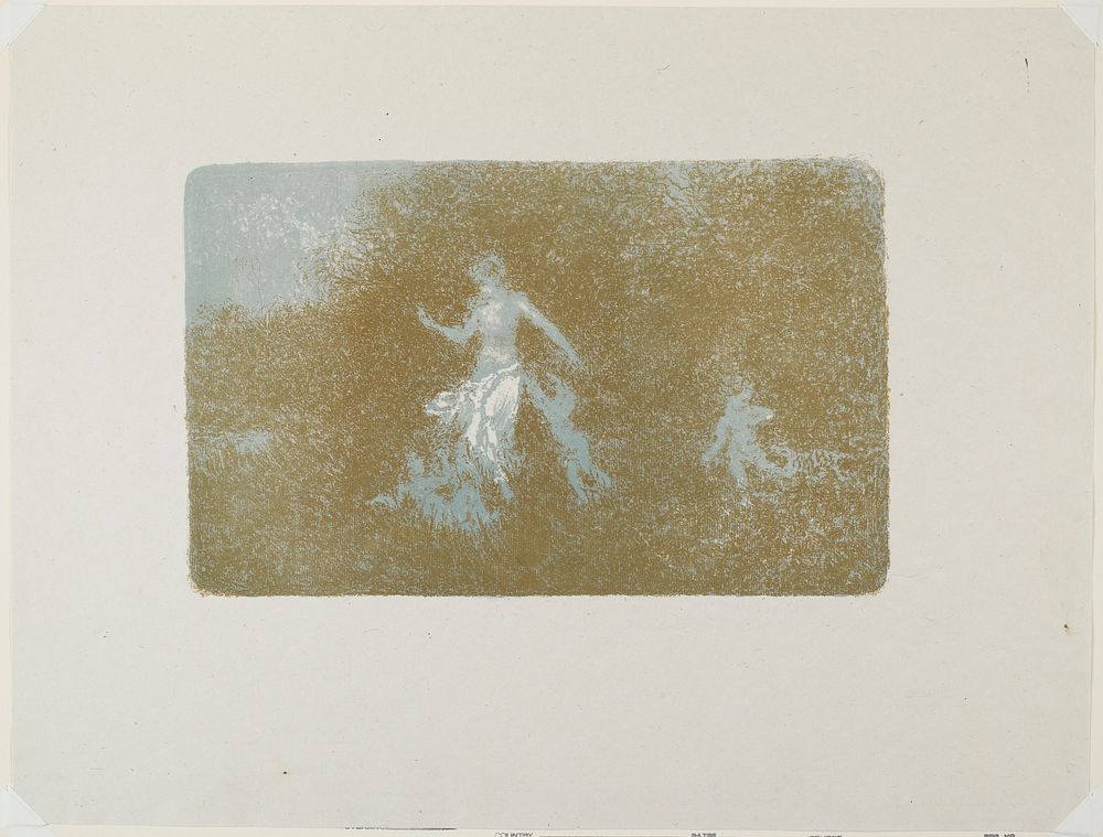 abstracted, blurry image in brown, blue and white of standing woman with three small figures (putti?). Original from the…
