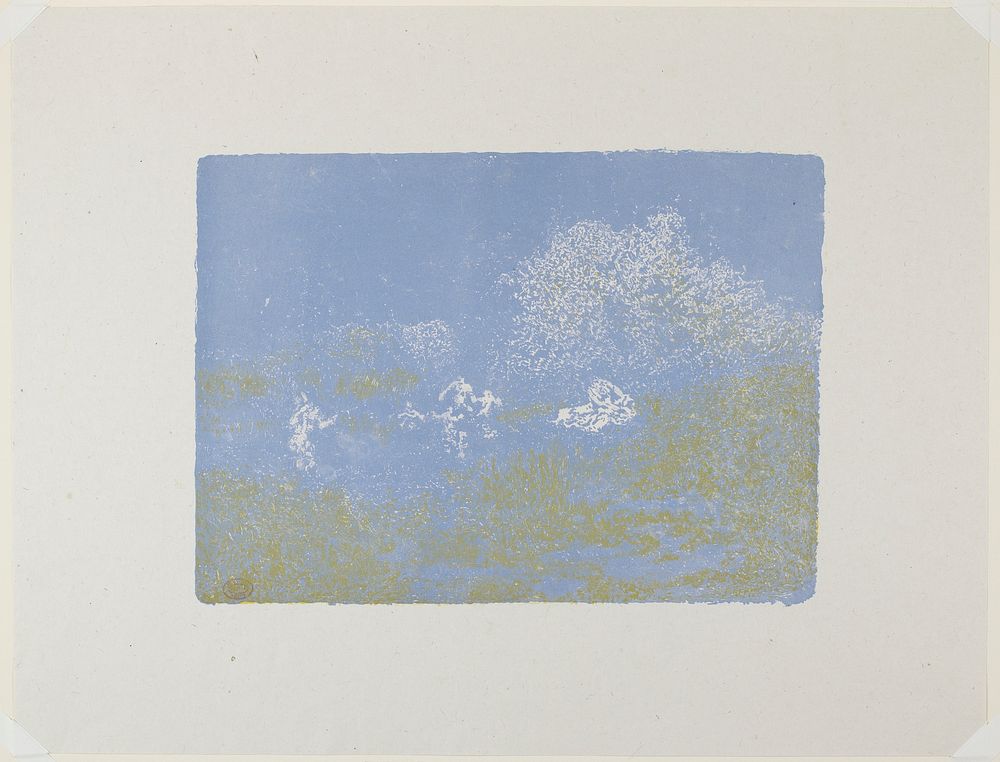 yellow, blue and white; abstracted image of figures at center and foliage in ULC. Original from the Minneapolis Institute of…