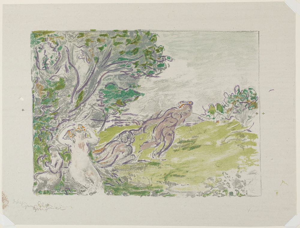 four nudes under a tree, with one standing figure at center; central seated nude has her hands held up to her head; greens…