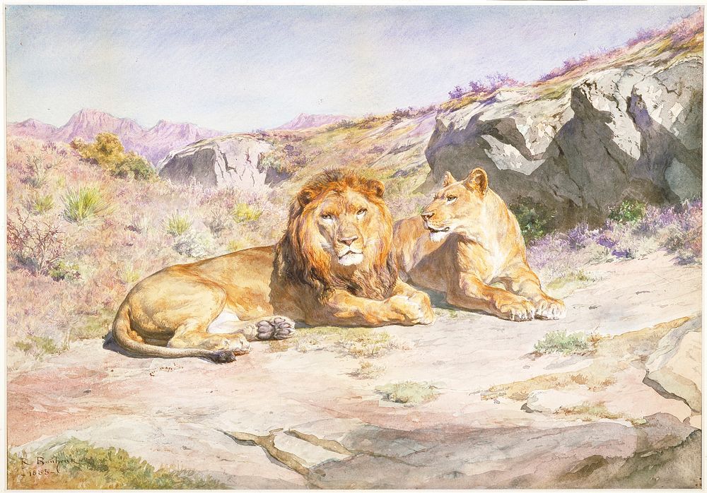 Lion and lioness in landscape. Original from the Minneapolis Institute of Art.