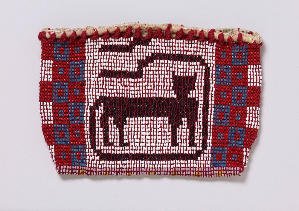 small pouch; red threads; white, red, medium blue, dark blue, pink, yellow, orange and green beads; panther on white ground…