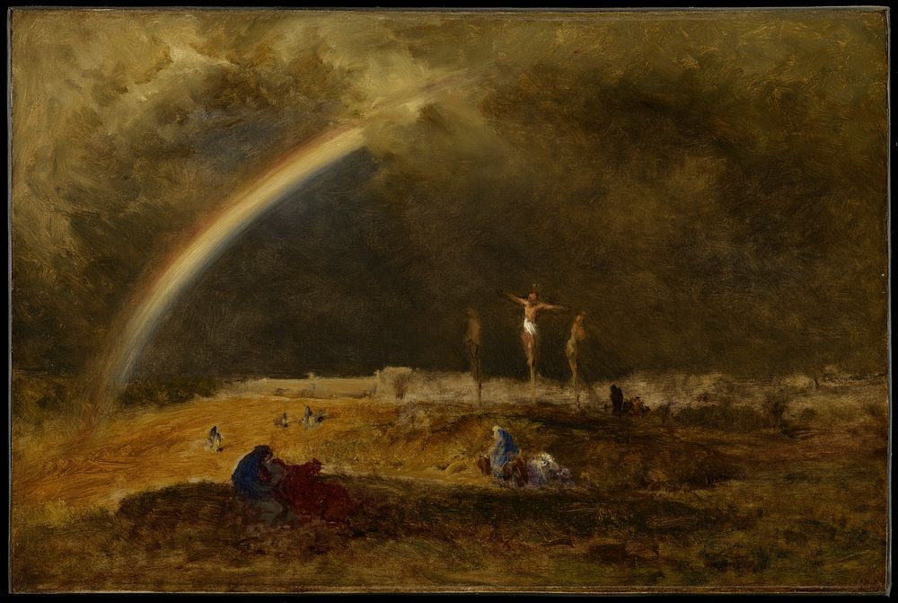rainbow fades into clouds; three crucified figures; scattered figures in landscape. Original from the Minneapolis Institute…