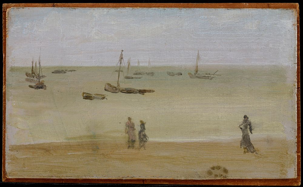 three figures walking along shoreline; sailboats tied in water. Original from the Minneapolis Institute of Art.