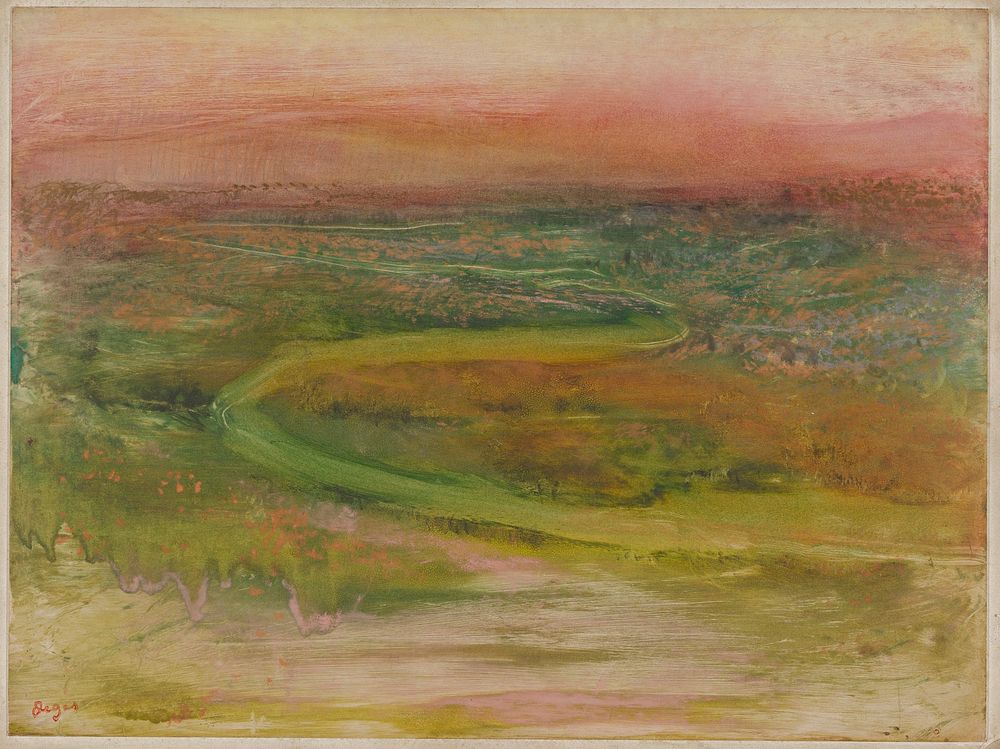 S-shaped path in an abstracted landscape; greens; pinks in foreground, LLQ; rust-oranges in spots scattered throughout;…