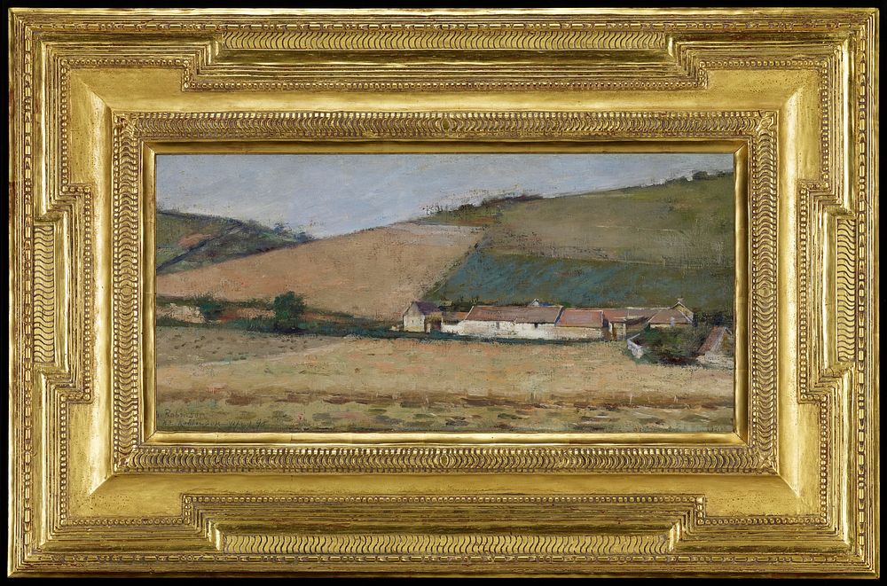 line of farm buildings at L surrounded by fields and hillside; pale blue sky; large gold frame. Original from the…