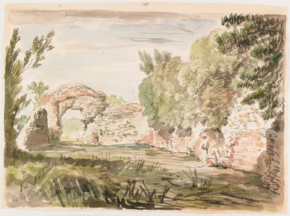 landscape with heavy trees at L behind a ruined wall; ruined archway at L; 2 figures at R, sketchy figure under archway.…