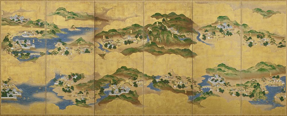 Landscape scenes with gold sky and gold ground between scenes; rolling mountains; villages by bodies of water and rivers…