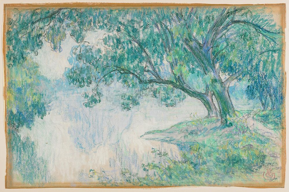pastel in blues and greens; trees at right hanging over small lake; gray painted wood frame. Original from the Minneapolis…