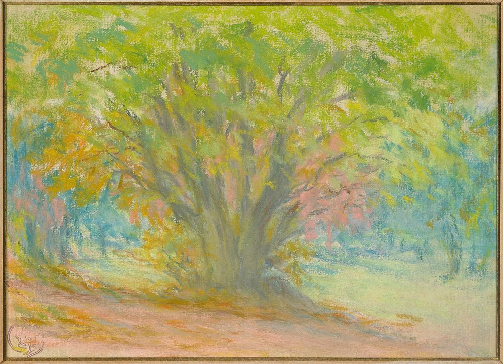 Colored pastel of bushy tree in clearing, surrounded by forest; small wood frame. Original from the Minneapolis Institute of…