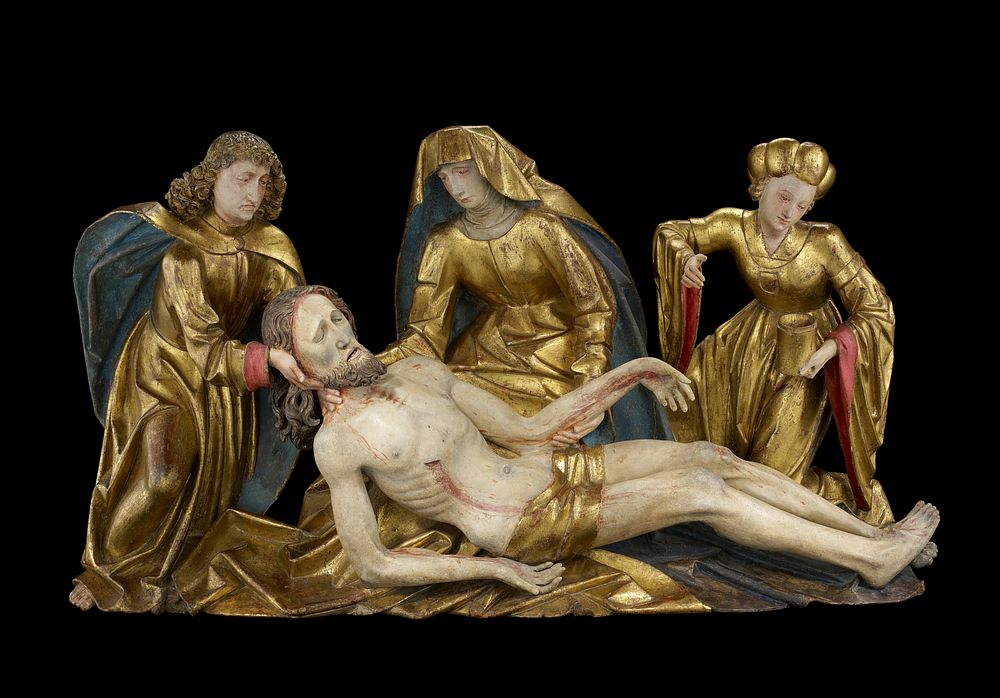 three standing figures with Jesus' reclining body; Jesus wears gold loincloth and has curly hair and curling pointed beard;…