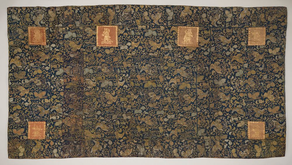 rectangular panel of blue silk with metallic gold and silver brocade designs of birds, leaves and scrolling vines; six…