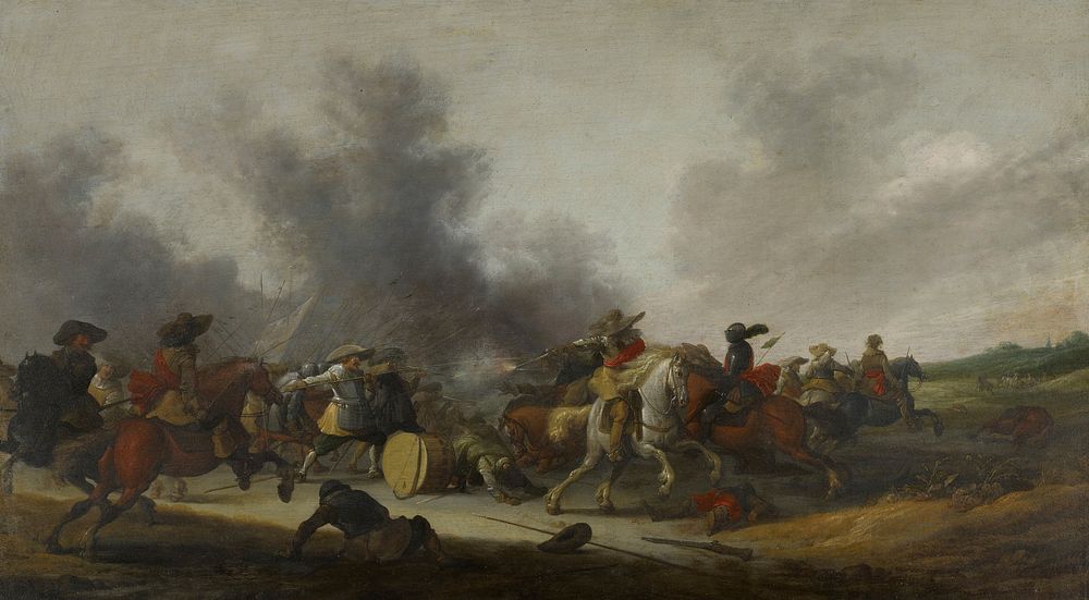 battle scene with some soldiers on horseback with spears; soldier wearing armor, right of center on brown horse; fallen…