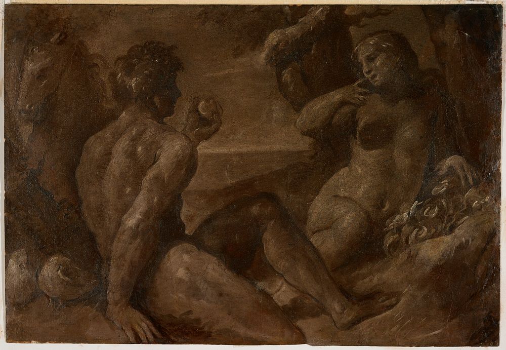 shades of brown/tan; Adam seated in foreground, upper body twisted to PL, holding forbidden fruit; Eve partially reclining…