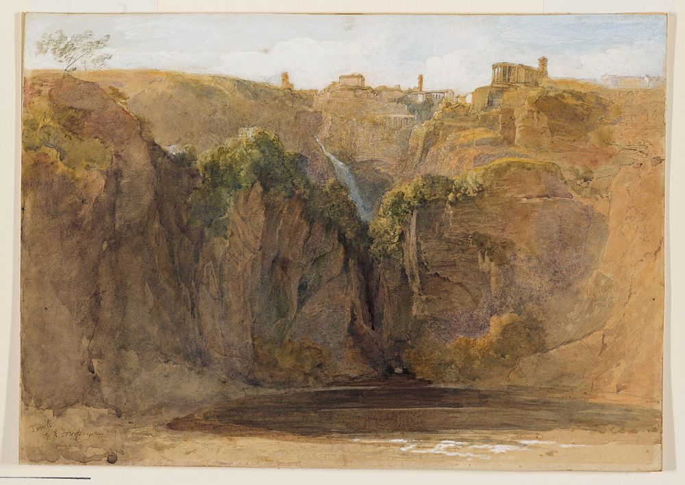view of a sheer rock wall in a landscape; waterfall at top center; buildings at high horizon line; pool in foreground.…
