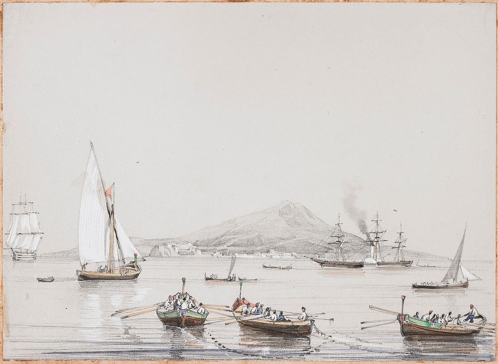three large rowboats in foreground, filled with people; two small sailboats in middle ground; large sailing ship at left in…
