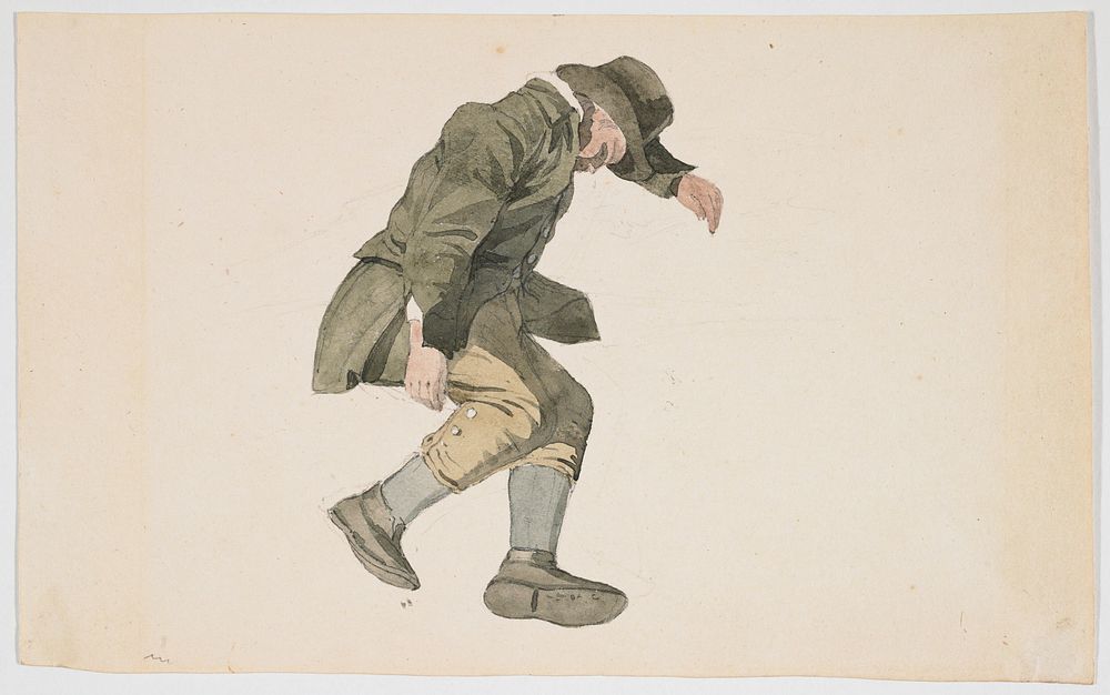 male figure wearing tan knickers, grey socks, greenish long coat and top hat, resting his head on his PL arm; no background…