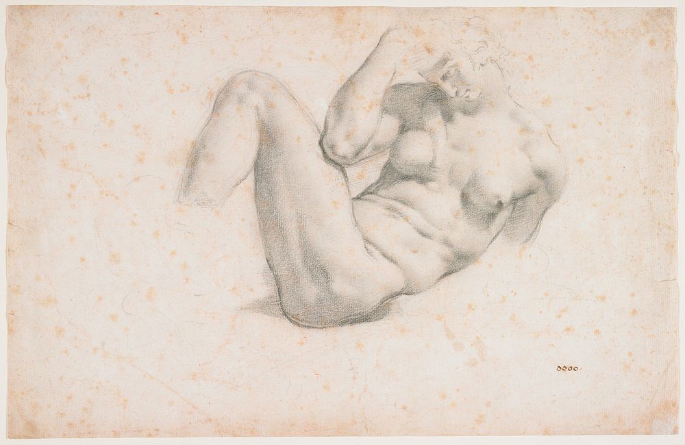 partially reclining figure of a very muscular nude woman with upper body twisted to PL; PR elbow on outside of PL thigh; PL…
