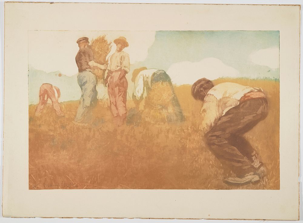 five farmers harvesting grain--two standing, three bending over. Original from the Minneapolis Institute of Art.