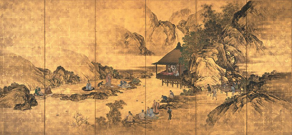 Two men seated in a hut on stilts near center; small groups and pairs of other men seated along the rocky shores of a river…