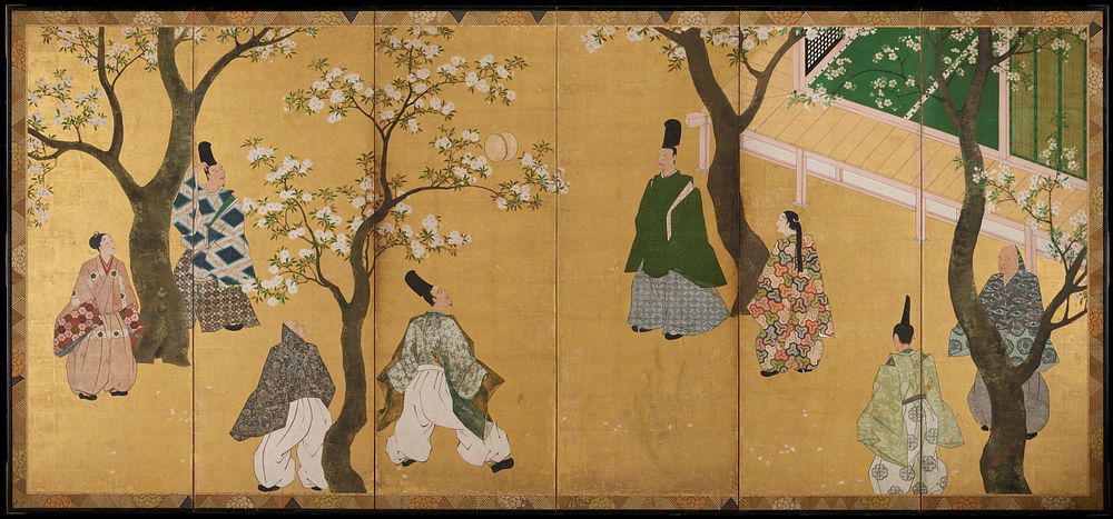 Group of eight men and women playing a ball game within a copse of blossoming trees; ball is suspended in air near tree at…