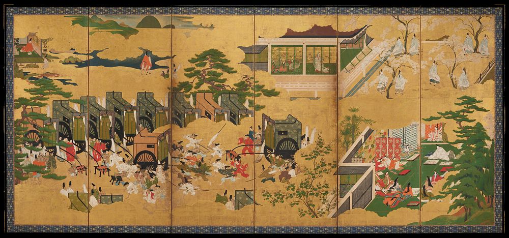 Unsigned; right of a pair of six-panel folding screens; many scenes on gold leaf: attendants with carriages at Land center…