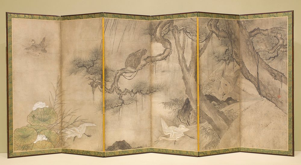 Pallette is predominanty beige, grey, white and green; two white birds at bottom of panels 2 and 4; grey bird in tree in…