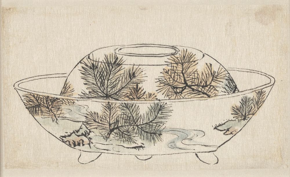 Covered bowl with three feet; image of pine boughs on cover highlighted in light blue, green, and orange-yellow watercolor;…