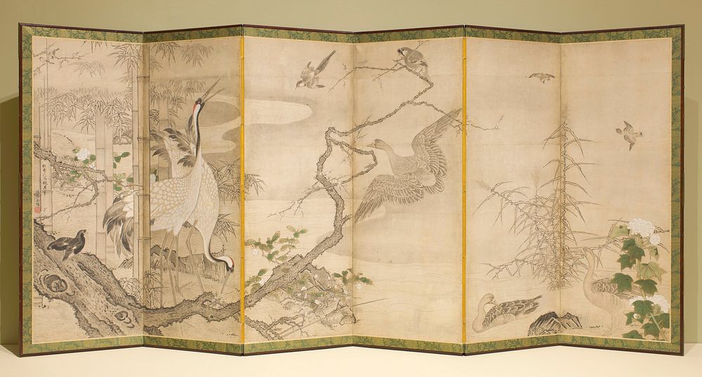 Pallette is predominanty beige, grey, white and green; two white cranes on panel 2 with several other birds and ducks;…