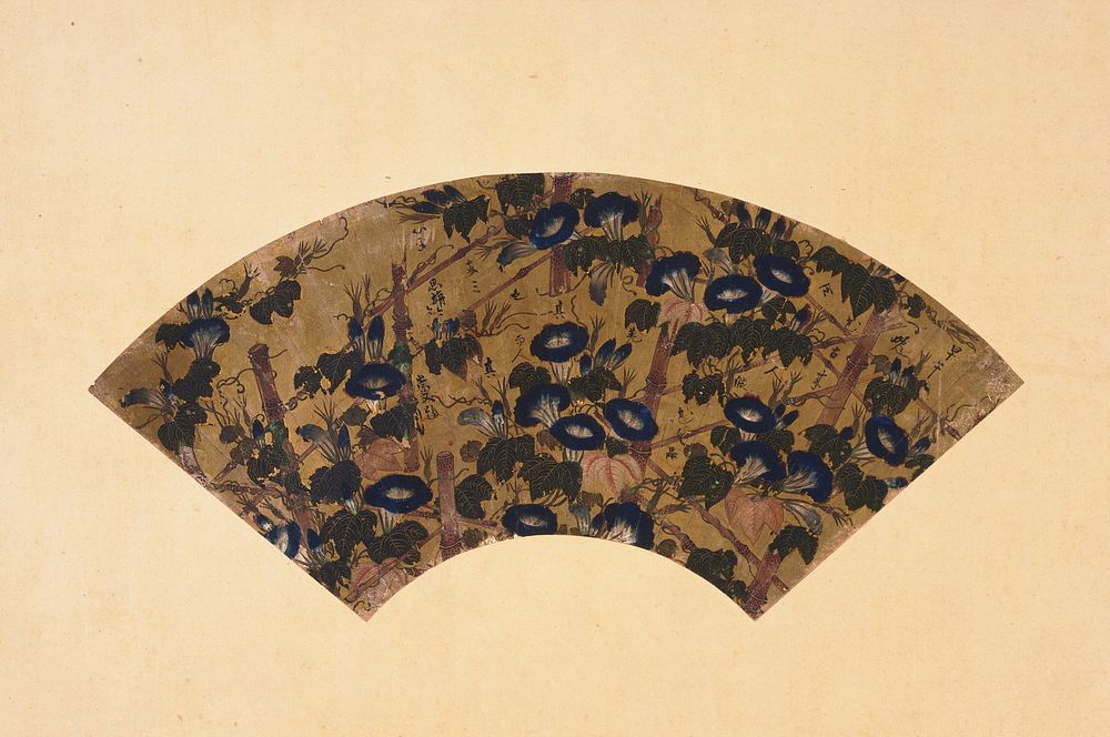 golden fan painted with morning glories in blossom supported by wooden posts; calligraphy throughout image. Original from…