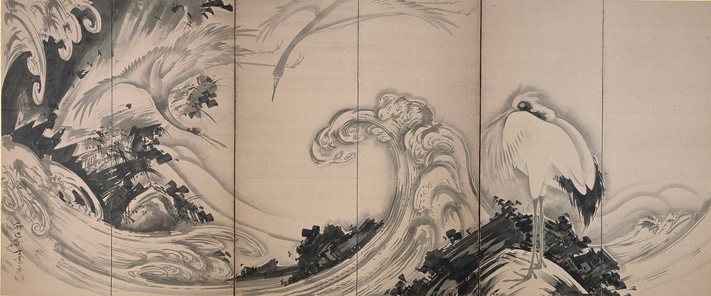 Six panel screen, left group; large, swirling waves crashing against jagged rock formations in foreground; crane at UL…