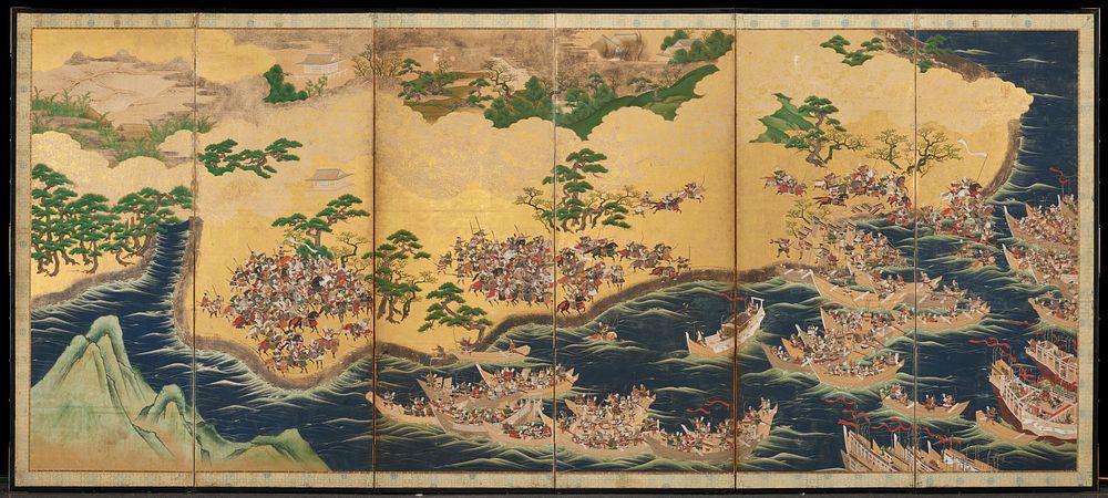battle scene on land and sea with energy of battle building as the panels progress. Original from the Minneapolis Institute…