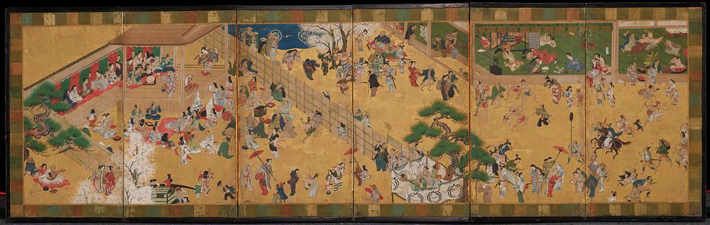 lively street scene featuring a female kabuki performance at L; motely crowd of men, women, and children on street, some…